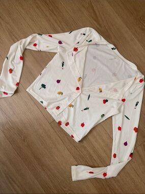 Fruit Print Cream White Ribbed Cardigan - Long-Sleeve Multicolor Top